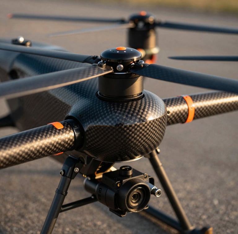 Extreme close-up of a professional heavy-lift drone carbon fiber rotor and motor assembly, sharp orange safety markers, crisp morning light, high contrast technical detail, 35mm