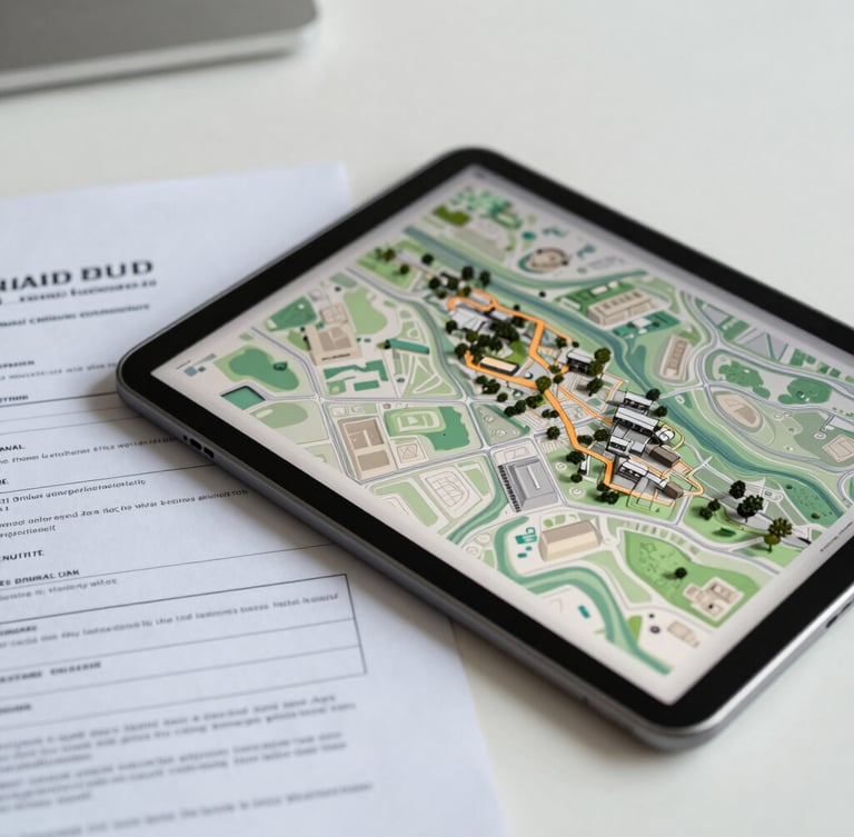 Close-up of legal land title documents and a modern tablet displaying a 3D topographic map of a plot, clean minimalist desk background