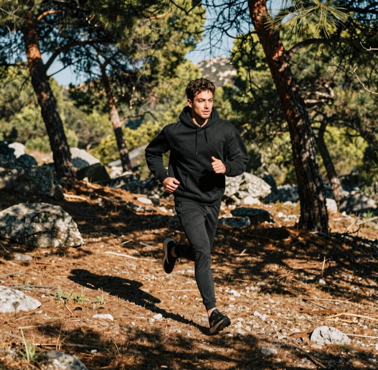 Dynamic wide shot of a 23-year-old athletic male model in a heavy black hoodie running through a rugged Mediterranean pine forest, harsh natural sunlight, high-contrast shadows, 35mm film grain