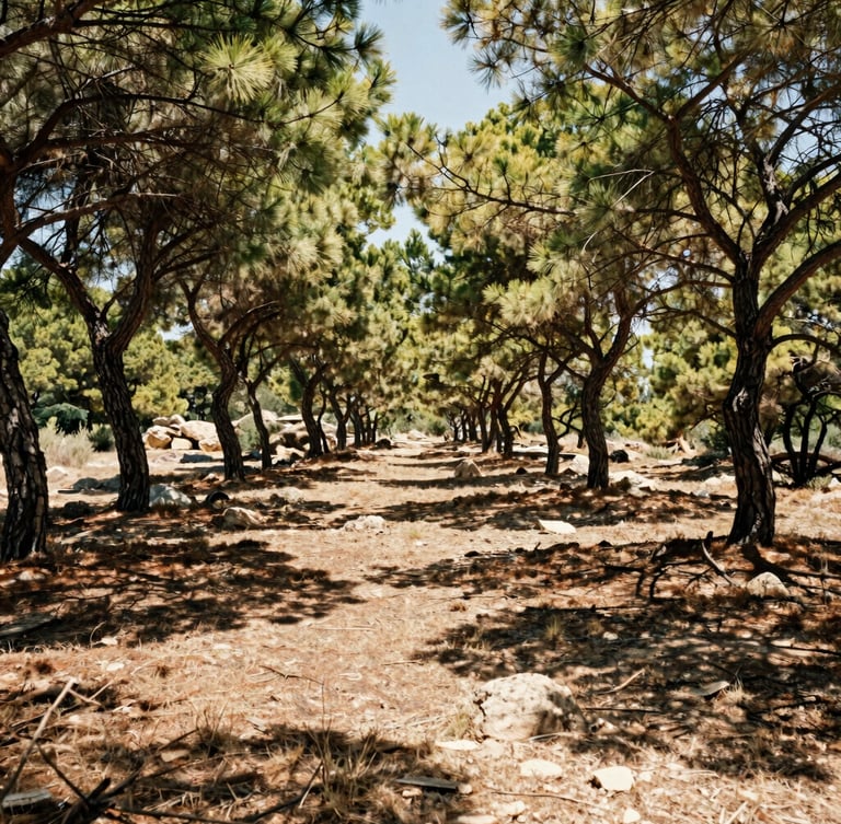 Wide panoramic view of a rugged pine forest in Castellón, Spain, harsh direct sunlight cutting through pine branches, dry ground, warm Mediterranean tones.