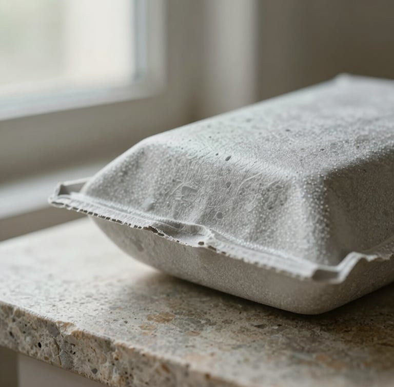 Macro detail shot of a textured, light gray molded pulp packaging prototype resting on a raw limestone surface, soft diffused window light from the left, shallow depth of field, 35mm.