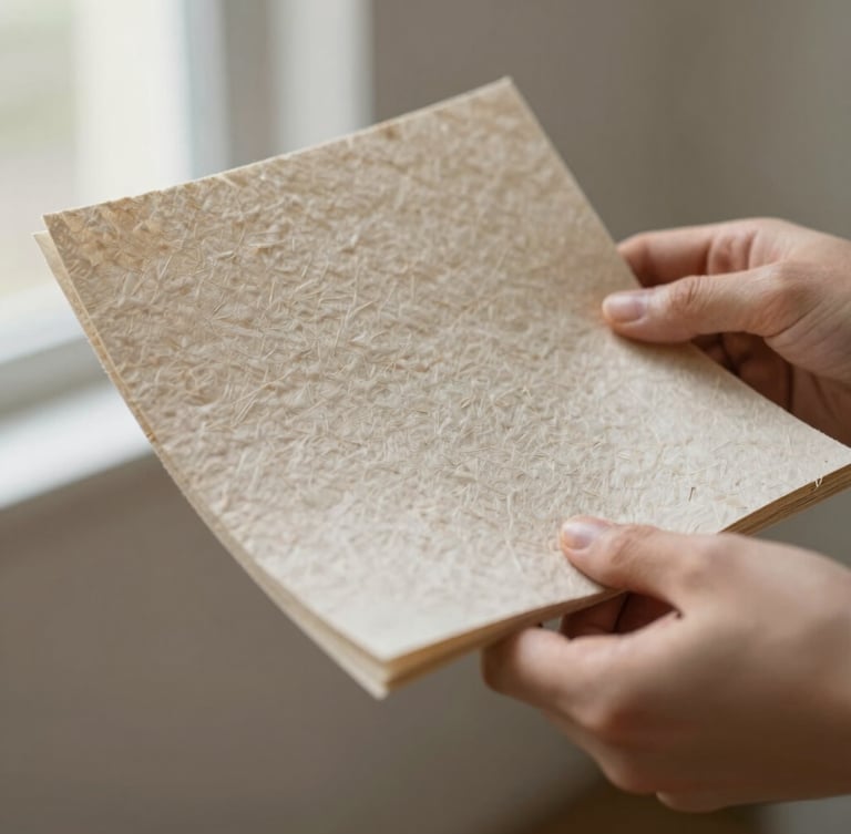 Close-up of hands holding a thick, textured sheet of plant-fiber paper against a neutral background, soft diffused north-facing light, shallow depth of field, 35mm editorial photography.