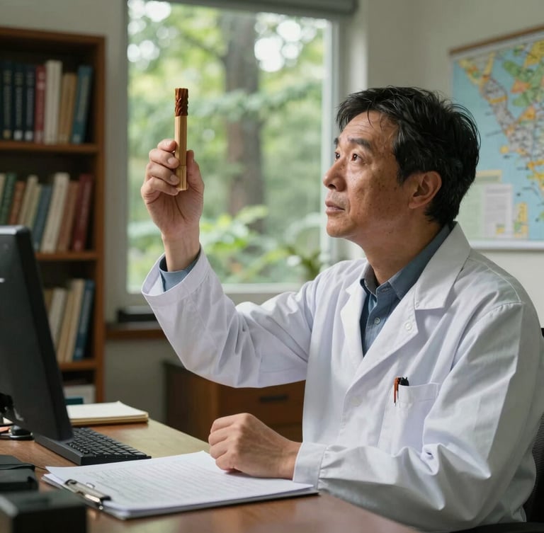 A forest scientist in a quiet office lined with books and maps, holding an increment borer wood core sample up to natural window light, thoughtful expression.