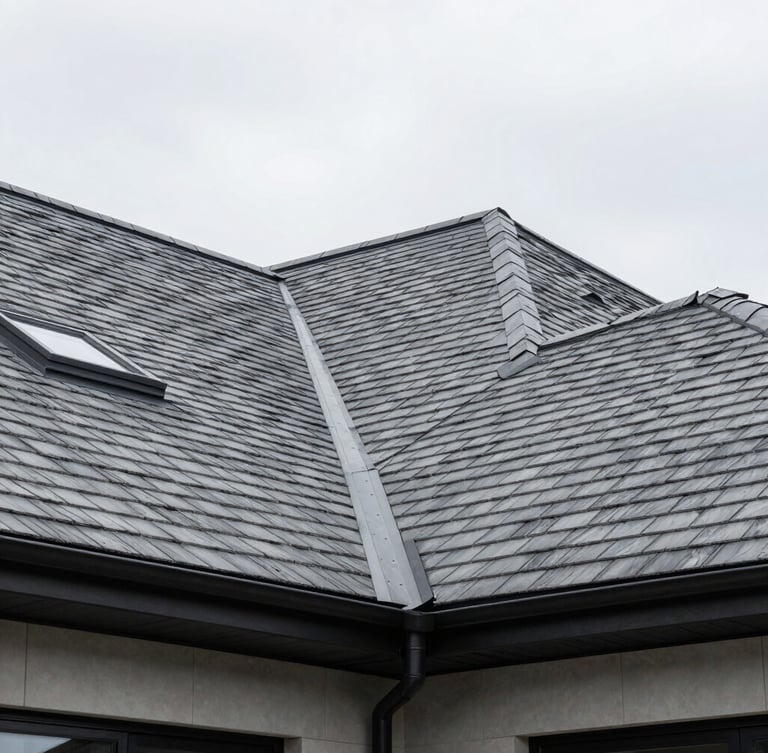 Low-angle architectural shot of a modern luxury home with a pristine slate-gray shingle roof, crisp overcast daylight, sharp focus, 35mm