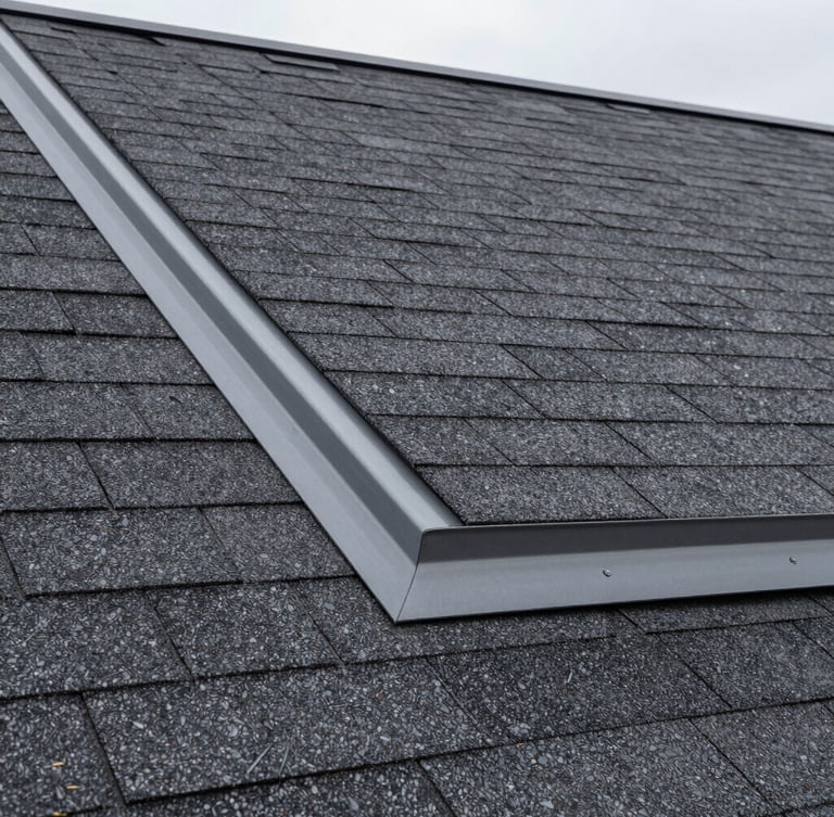 Tight architectural detail shot of flawless charcoal asphalt shingles meeting clean gray metal flashing, sharp focus, early morning daylight