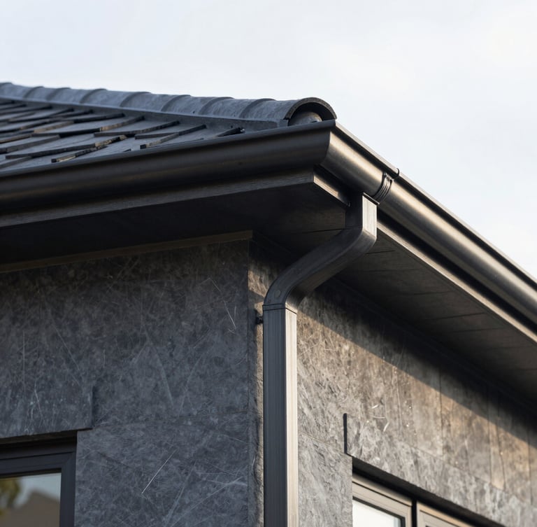 Tight detail shot of perfect flashing and gutter joints on a modern home, early morning light, sharp focus.
