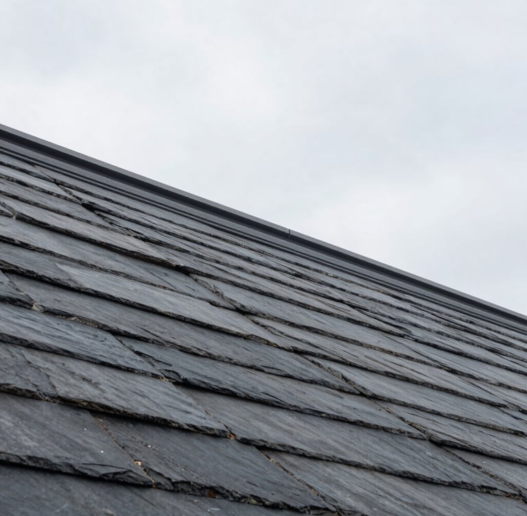 Low-angle architectural shot of a pristine modern flat roofline, overcast morning light, sharp focus, slate and charcoal tones.
