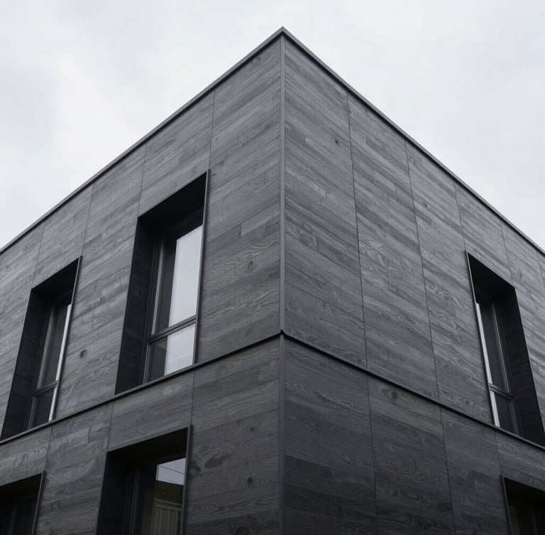 Low-angle architectural shot of a modern luxury home facade clad in dark wood-grain steel Lux panels, crisp overcast daylight, sharp focus, 35mm