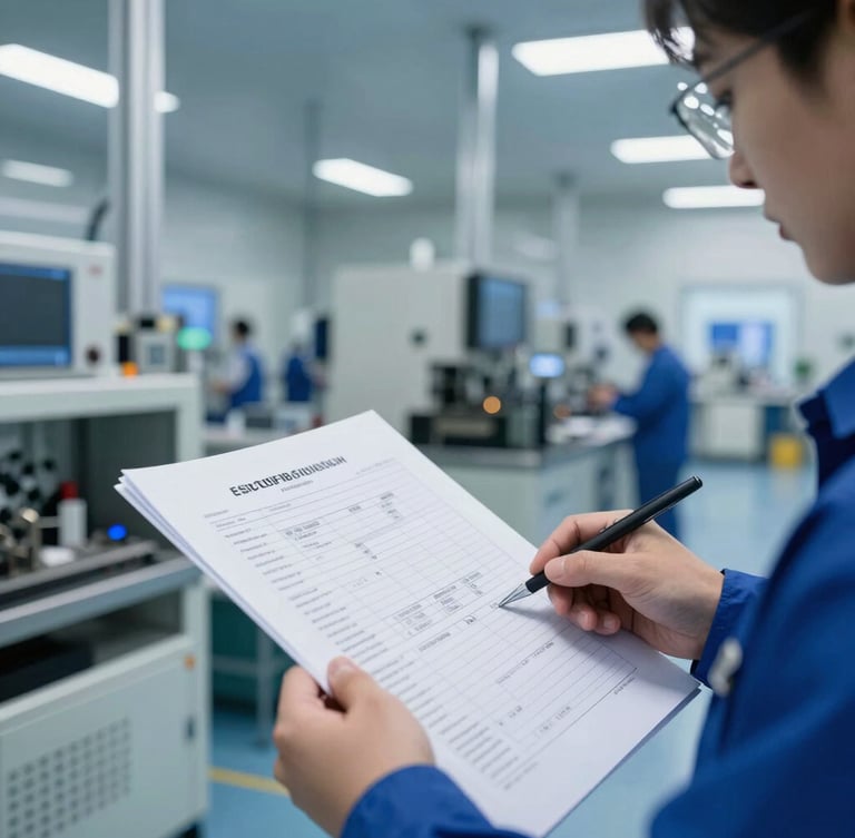Close-up of industrial quality control inspector reviewing a technical manifest in a clean European manufacturing facility, cool daylight, sharp focus