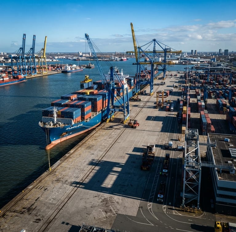 Wide environmental shot of a modern deep-water freight terminal with blue container ships under crisp daylight, high-contrast architectural shadows