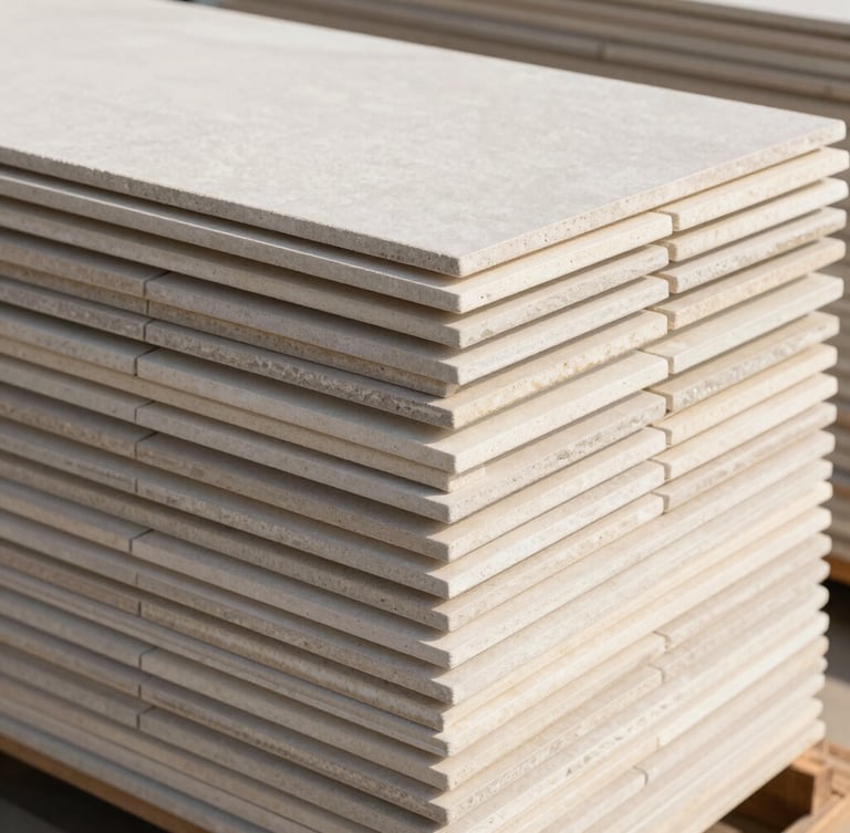 Close-up of neatly stacked architectural-grade vitrified tile slabs in a bright, organized wholesale warehouse, natural side light, neutral stone tones, sharp focus, 35mm