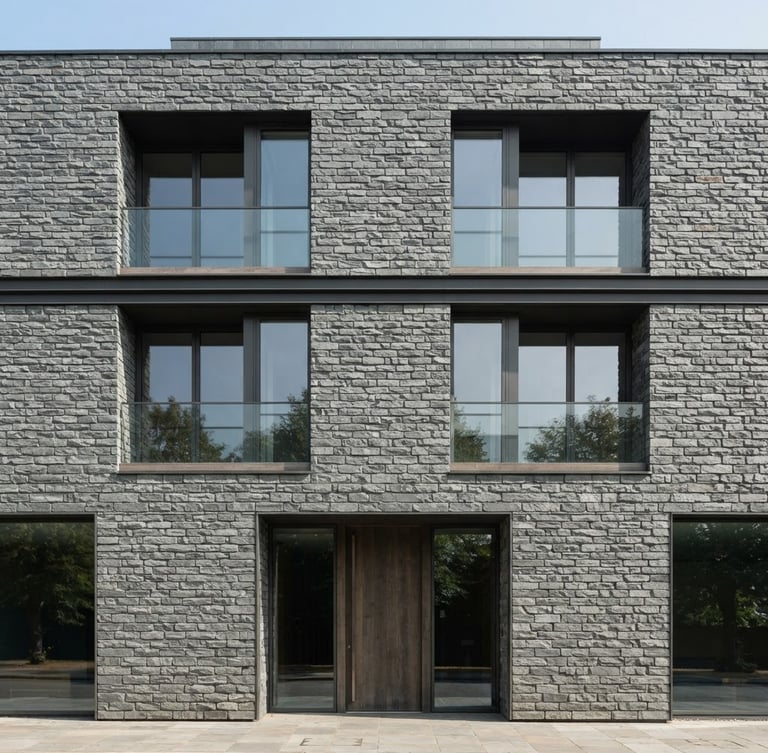 Straight-on architectural shot of a modern building facade with rugged grey slate cladding, bright natural daylight, neutral stone tones, sharp focus, 35mm