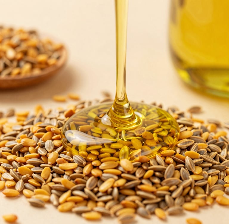 High-detail macro shot of golden mustard seeds and rich flowing cold-pressed mustard oil, warm earth tones, sharp focus, bright studio lighting, 35mm