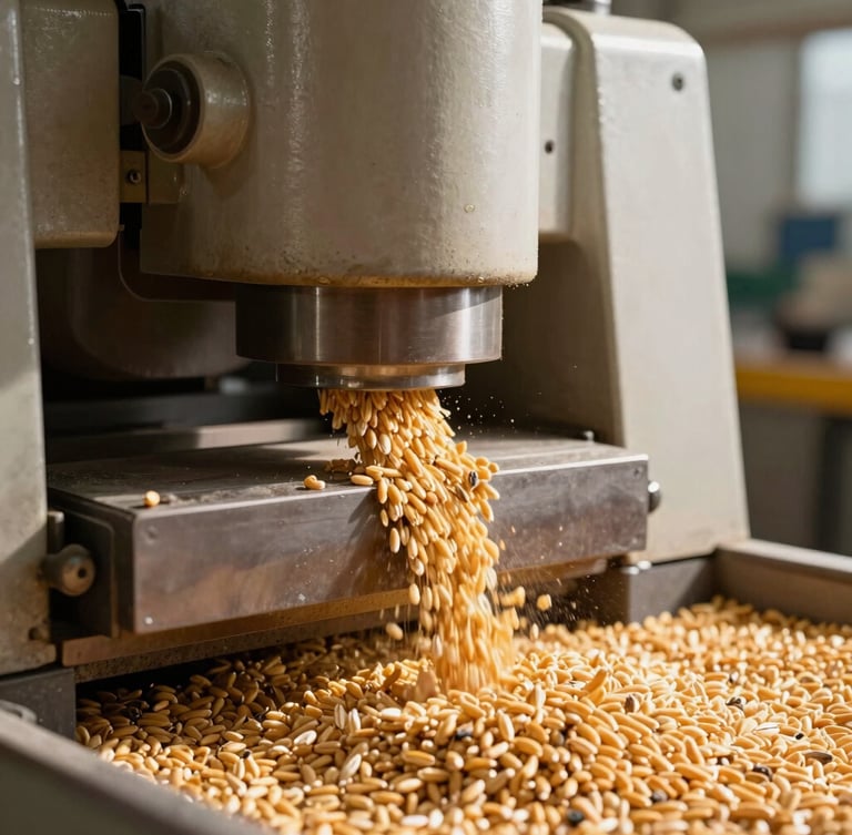 Industrial milling machinery with golden grains flowing, bright natural daylight, sharp focus, 35mm