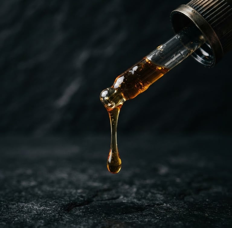 Macro close-up of thick golden oud oil dripping from a glass dropper, dramatic side lighting, dark obsidian background, 35mm