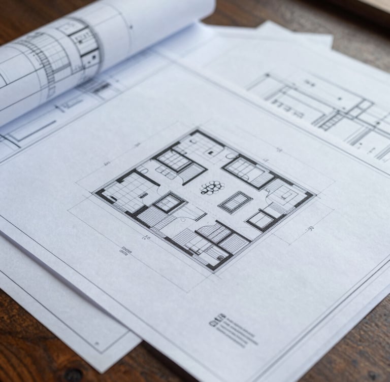 Close-up of architectural blueprints overlaid with clean legal documents on a dark wooden desk, sharp natural daylight, desaturated blue and concrete gray tones, 50mm lens