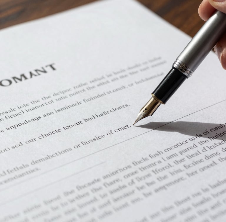 Macro shot of a fountain pen signing a structured construction contract on a dark wooden table, architectural blueprints visible underneath, sharp daylight, desaturated tones