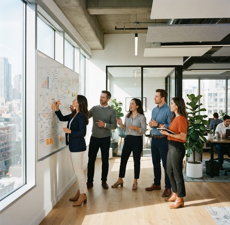 Wide shot of a modern, bright collaborative workspace, team members brainstorming around a whiteboard with strategic diagrams, natural window light, crisp shadows, corporate navy and warm orange tones, 35mm