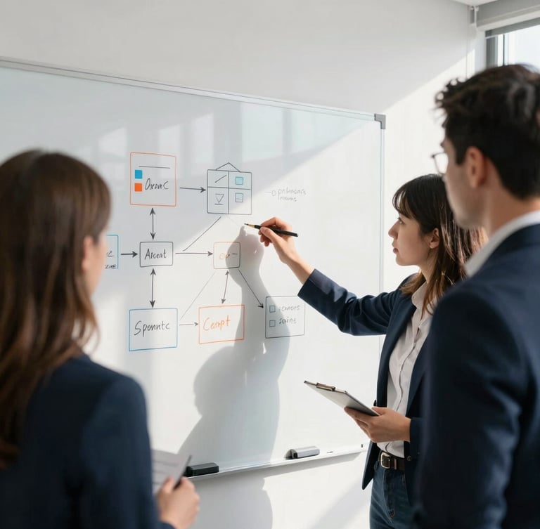 Focused professionals collaborating around a whiteboard with strategic diagrams, natural window light, crisp shadows, candid over-the-shoulder perspective.