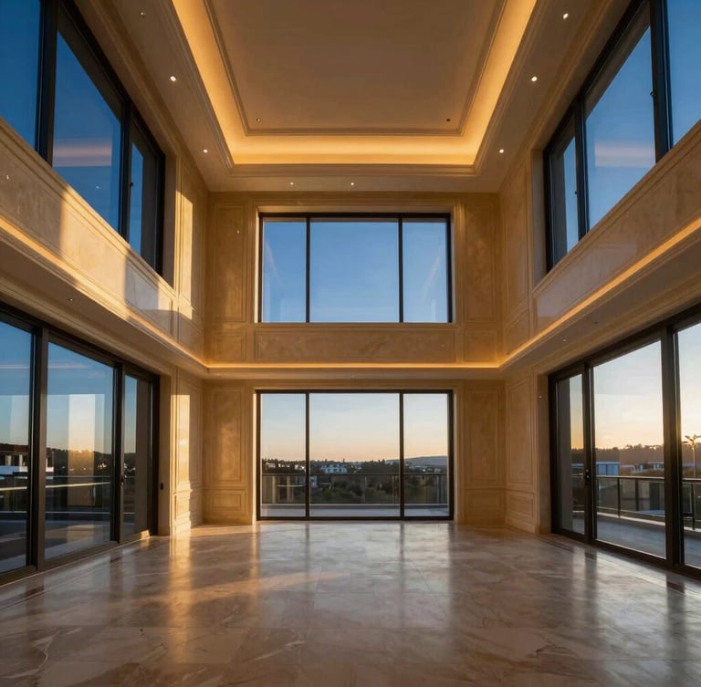 Portrait architectural shot of a luxurious, empty residential interior with high ceilings and large windows, warm interior lighting, deep blue and warm gold tones, wide-angle, 35mm