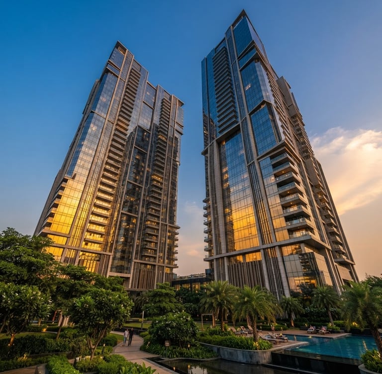 Wide-angle architectural exterior shot of DLF Arbour high-rise towers, golden hour sunlight reflecting off glass facades, lush green landscaping at the base, low angle to emphasize scale.