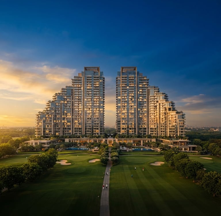 Wide panoramic architectural shot of DLF Camellias facade, modern high-rise, golden hour sunlight, deep blue and warm gold tones, wide-angle, 35mm, golf course visible in background, symmetrical composition
