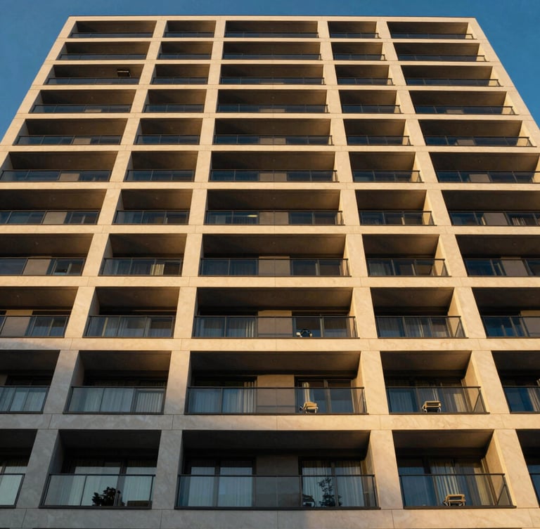 Low-angle architectural shot of a modern apartment building facade with balconies, deep shadows, golden hour light, symmetrical composition.