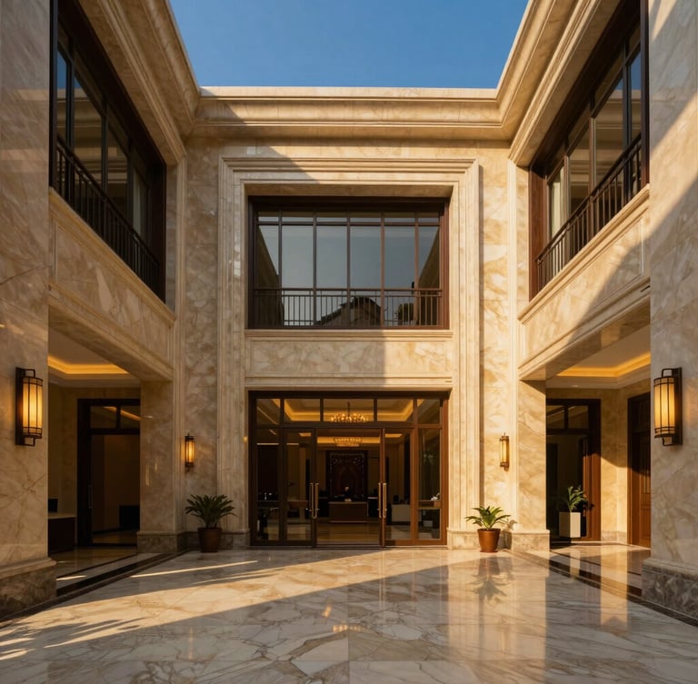 Symmetrical architectural shot of a luxury residential lobby in Gurgaon, warm high-end lighting, marble floors, deep shadows, premium interior