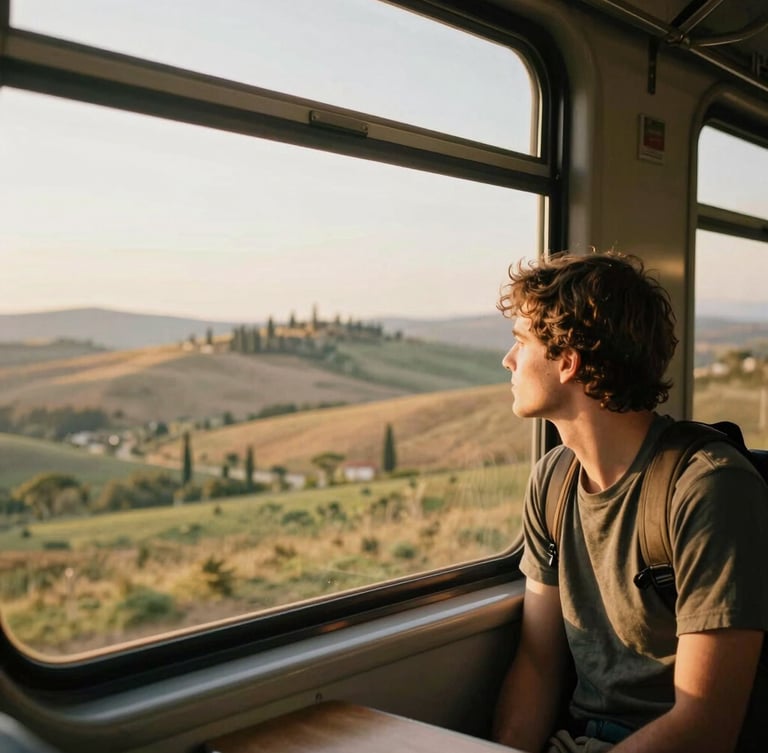 Candid medium shot of a traveler looking out of a train window in Tuscany, warm golden-hour natural light, rich organic tones, 35mm film style
