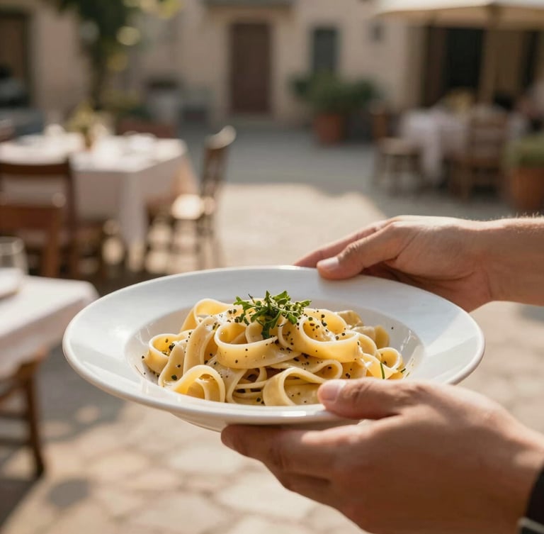 Intimate medium close-up of local dining in a sunlit courtyard, hands sharing a plate of fresh pasta, warm natural morning light, shallow depth of field