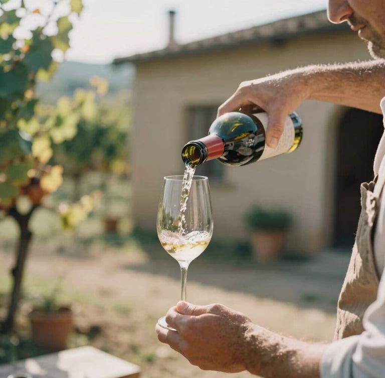 Intimate medium close-up of a local artisan pouring wine in a rustic Italian courtyard, warm natural morning light, shallow depth of field, 35mm film look