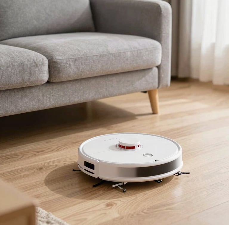 A sleek robot vacuum cleaner navigating a cozy living room floor near a gray fabric sofa, warm ambient light, sharp focus on the device.