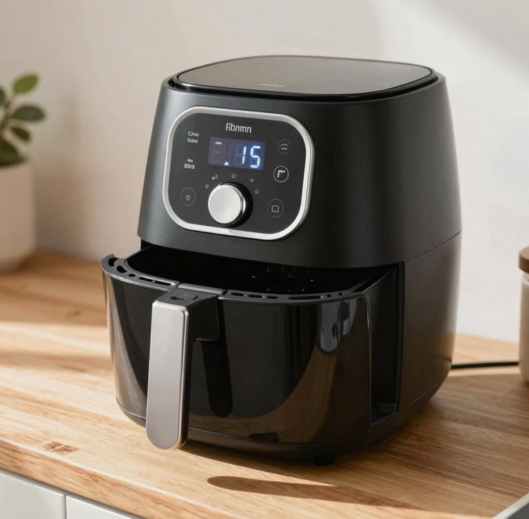 Close-up of a modern airfryer on a clean wooden kitchen counter, natural morning light casting soft shadows, focus on the digital interface.