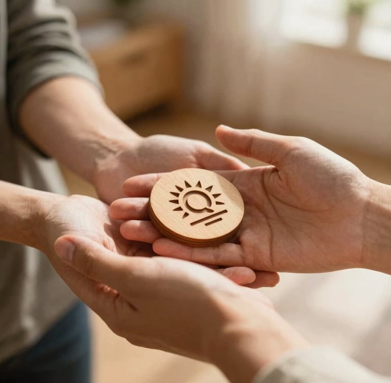 A close-up of two hands warmly holding a wooden token of appreciation, soft golden-hour indoor lighting, shallow depth of field, respectful gesture