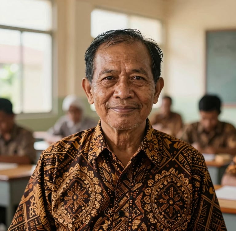 A warm, respectful portrait of an elderly Indonesian teacher in a batik uniform smiling gently, soft natural window light, classroom background out of focus, editorial photography.