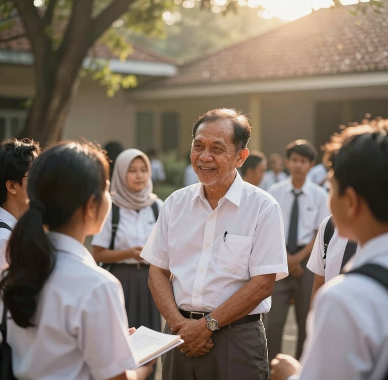 A warm medium shot of Indonesian high school alumni and senior teachers talking respectfully in a sunlit courtyard, soft golden-hour light, authentic human connection