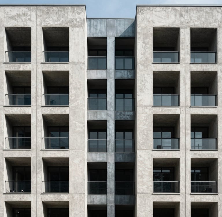 Symmetrical architectural elevation, sharp daylight on a modern concrete and steel facade, high-contrast shadows, 35mm lens architectural photography.