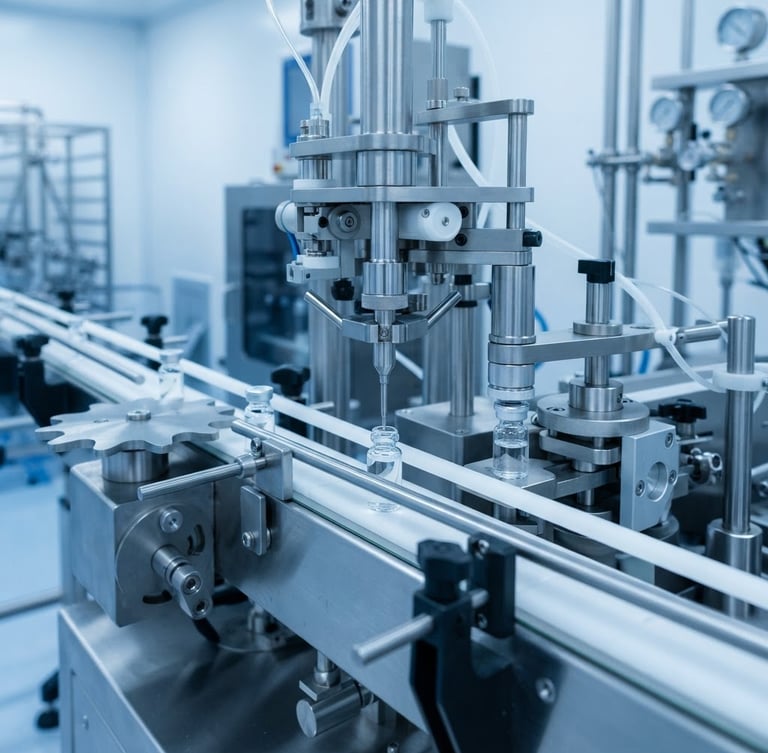 Crisp industrial photography of high-precision laboratory equipment and clean manufacturing lines under sterile white lighting, macro lens, 35mm