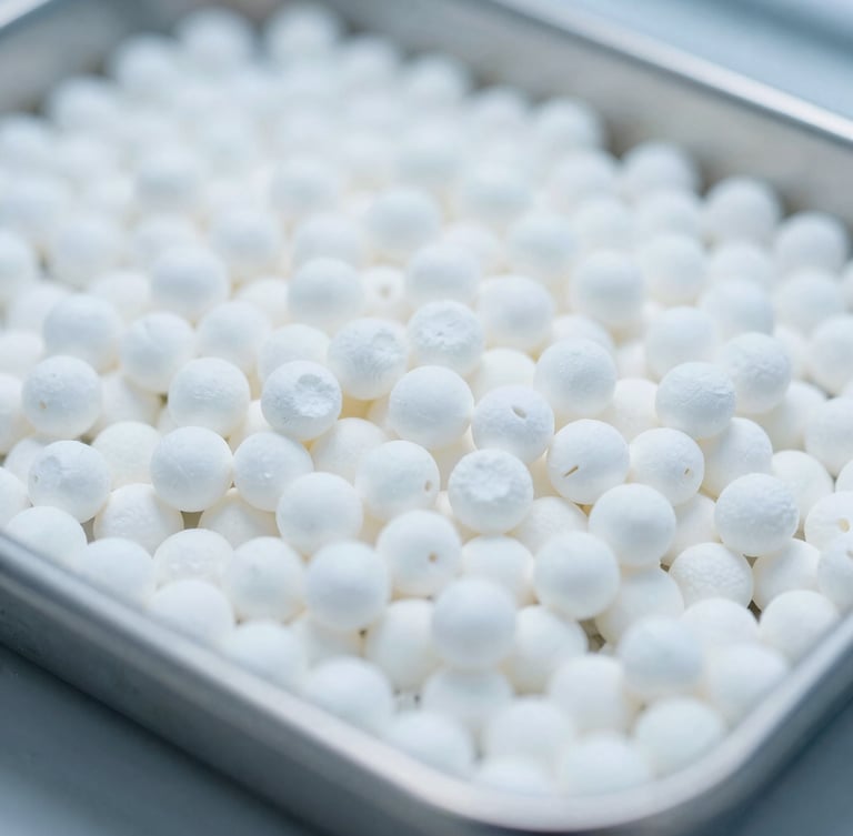 Macro close-up of pure white industrial polymer pellets on a sterile metal tray, bright cool laboratory lighting, shallow depth of field, 35mm