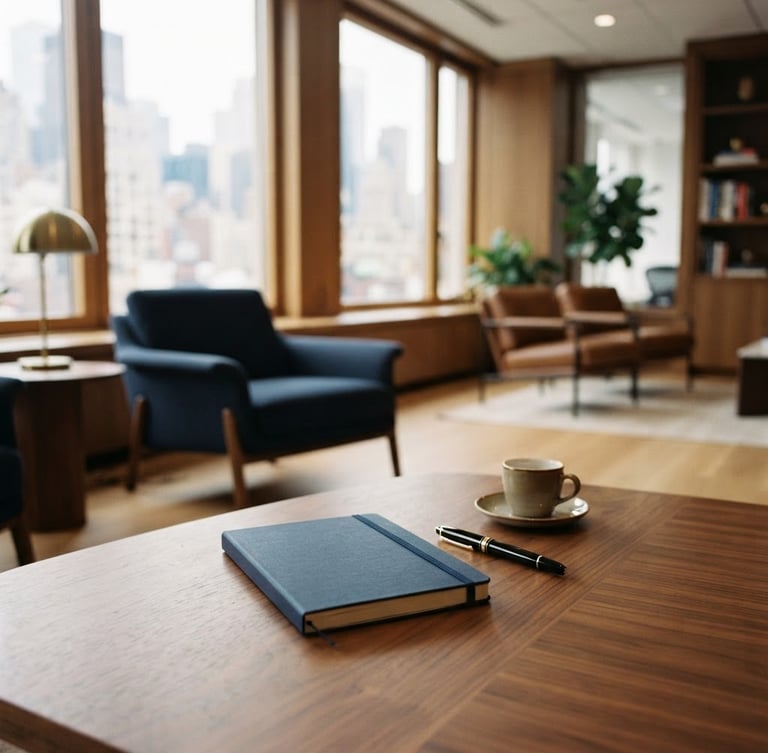 Architectural interior of a modern, well-lit financial office, soft natural daylight, shallow depth of field, warm earth tones and deep navy, a classic pen and notebook on a polished wood table, nobody in frame, editorial style, 35mm film aesthetic