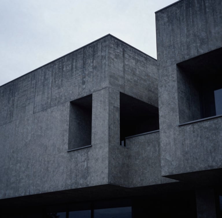 Abstract architectural geometry of a modern concrete building, cool diffused overcast daylight, desaturated slate tones, sharp focus, 35mm