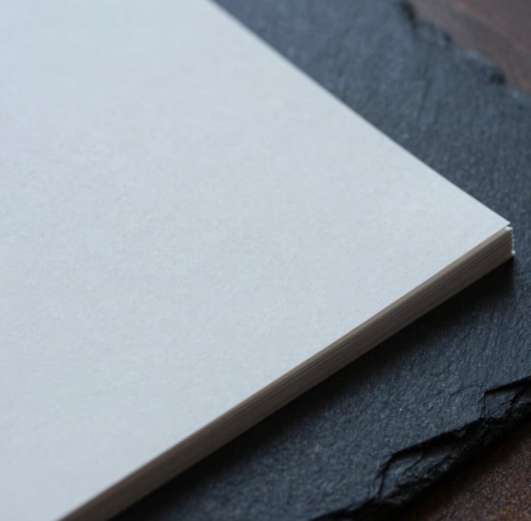 Extreme close-up of heavy cotton paper document on a dark slate desk, sharp focus, cool diffused overcast daylight, desaturated navy tones, 35mm architectural photography style