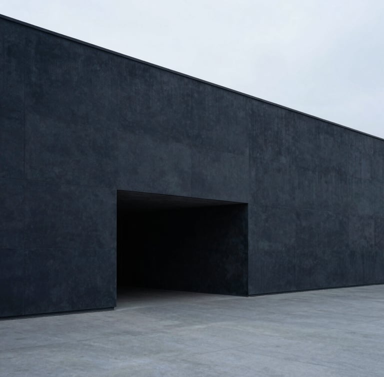 Wide-angle architectural perspective of a minimalist concrete structure, sharp clean lines, cool diffused overcast daylight, desaturated navy and slate tones, sharp focus, 35mm