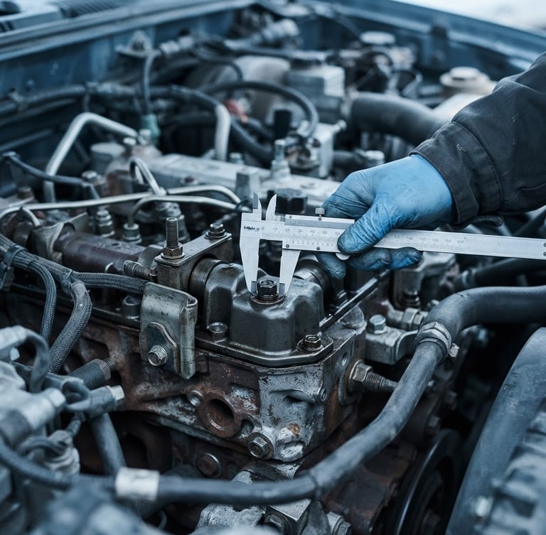 Portrait technical industrial photography of a vehicle engine bay under cool daylight, close-up of mechanical components under inspection with measuring tools, sharp focus, desaturated blue and gray tones, 50mm