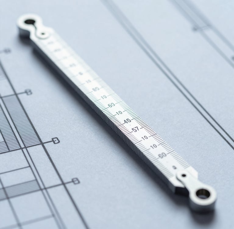 Technical industrial photography, close-up of measuring tools on technical blueprints, cool clean daylight, desaturated blue and gray tones, sharp focus, 50mm
