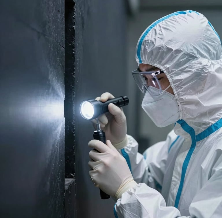 Tight macro shot of a technician in a crisp white protective suit using a bright flashlight to inspect a dark structural wall gap, sterile lighting