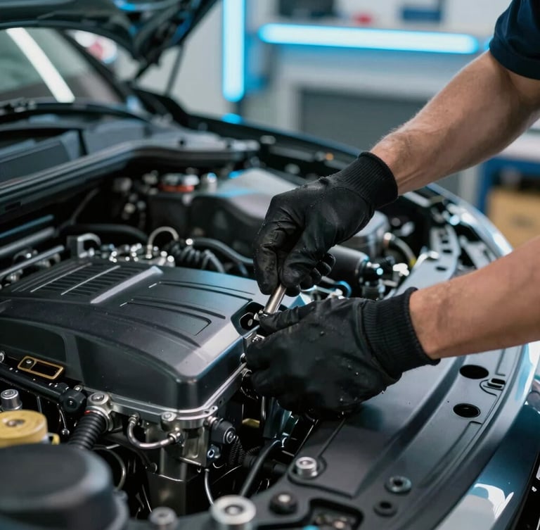 Close-up of a mechanic's hands in black protective gloves carefully inspecting a modern car engine, crisp daylight reflecting off metallic components, cool workshop neon, professional automotive photography