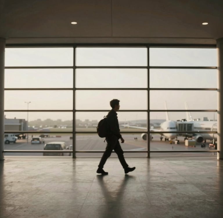 A blurred silhouette of a traveler in a quiet, minimalist airport terminal, soft natural directional light, warm charcoal tones, 35mm