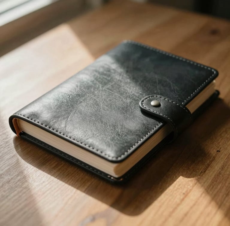 Macro photograph of a hand-bound leather ledger resting on a heavy oak table, soft natural window light casting deep shadows, warm charcoal tones, 35mm