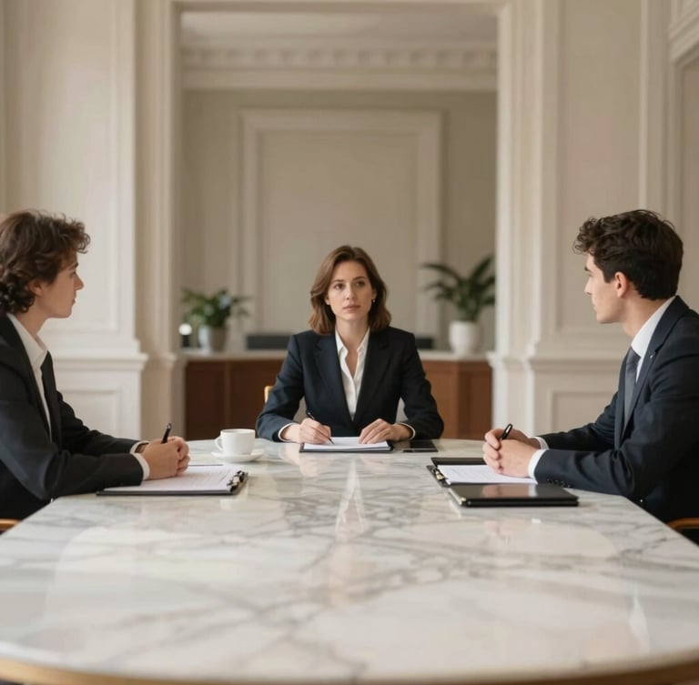 Discreet professional meeting in a sophisticated boardroom, soft daylight illuminating a marble table, blurred architectural background